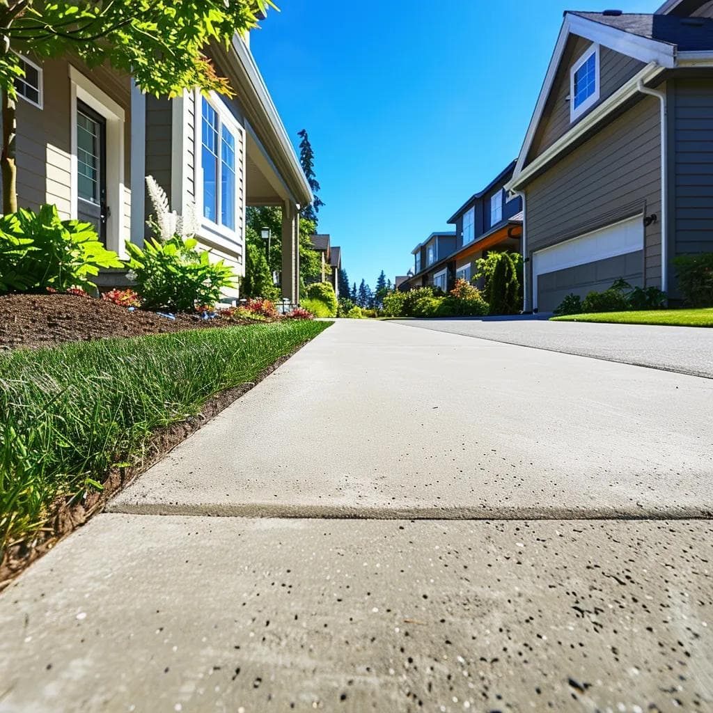 Newly installed concrete sidewalk in a residential area with a garden